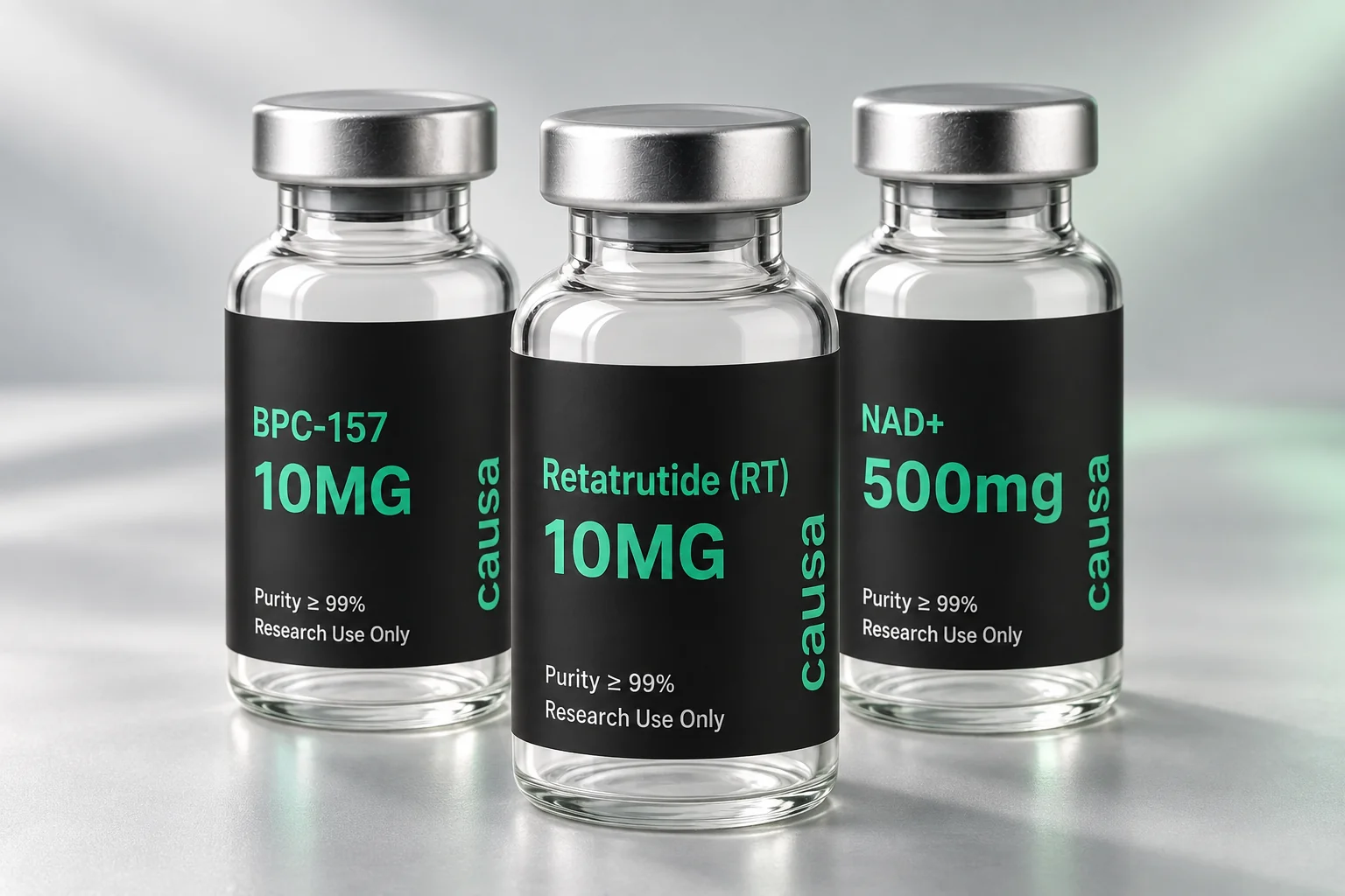 Product render of Causa Labs Retatrutide 10mg, BPC-157 10mg and NAD+ 500mg research vials